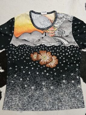 Vintage 1970s Polyester Stretch Scenic Floral Asian Print Short Sleeve Blouse L